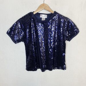 Cotton Emporium Blue Sequin Top T-Shirt Holiday NYE‎ Night Out Women’s Medium